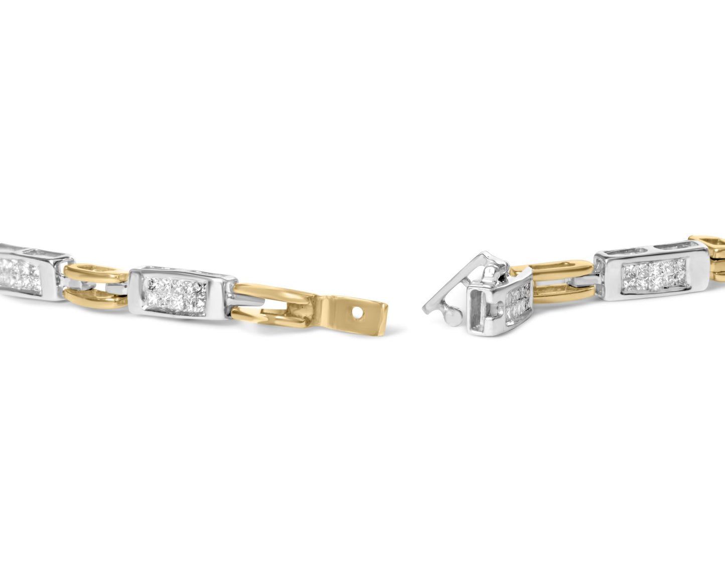 Close-up side angle of a two-toned bracelet with rectangular links featuring white gemstones in an invisible setting.