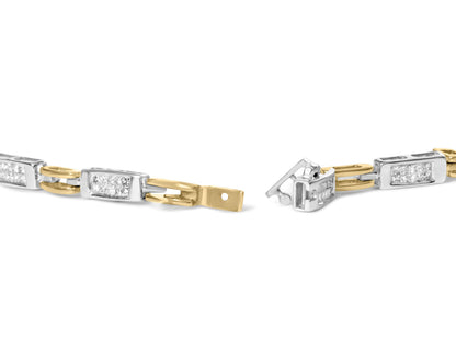 Close-up side angle of a two-toned bracelet with rectangular links featuring white gemstones in an invisible setting.