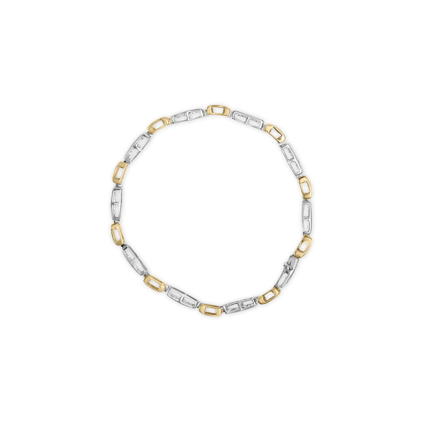 Top-down view of a two-toned bracelet with alternating rectangular links, some set with white princess-shape gemstones in invisible settings.
