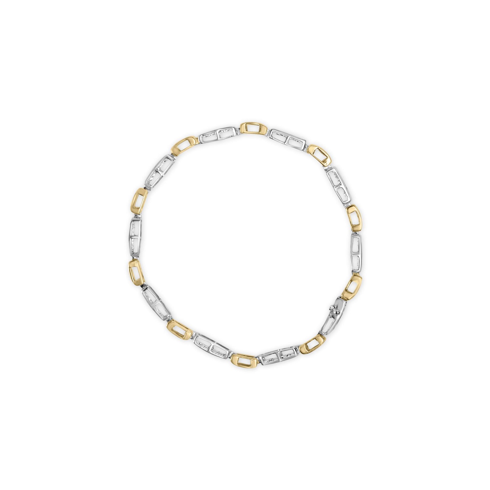 Top-down view of a two-toned bracelet with alternating rectangular links, some set with white princess-shape gemstones in invisible settings.