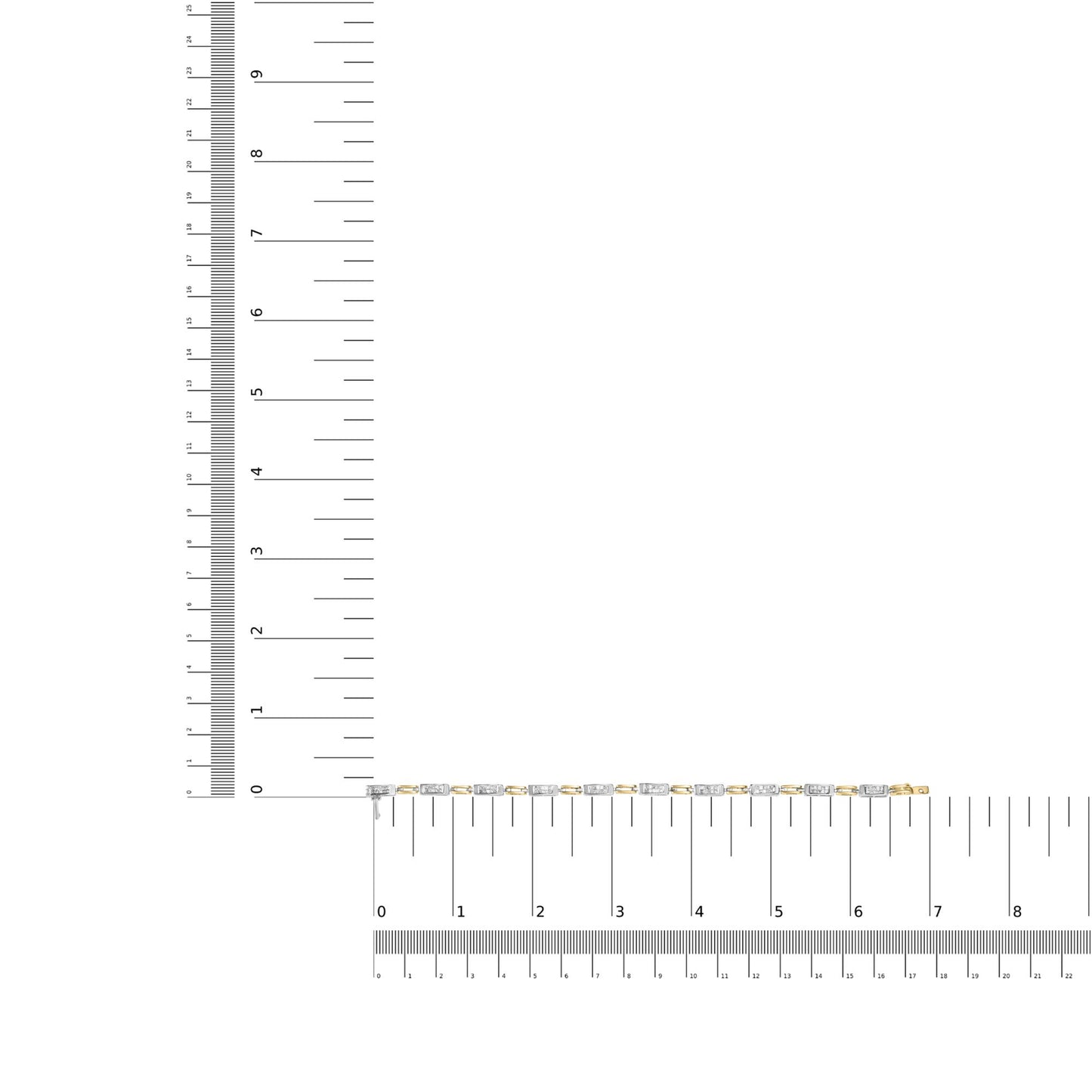 Two-toned bracelet with white princess shape gemstones in invisible setting, displayed flat on ruler and scale for size reference, top-down angle.