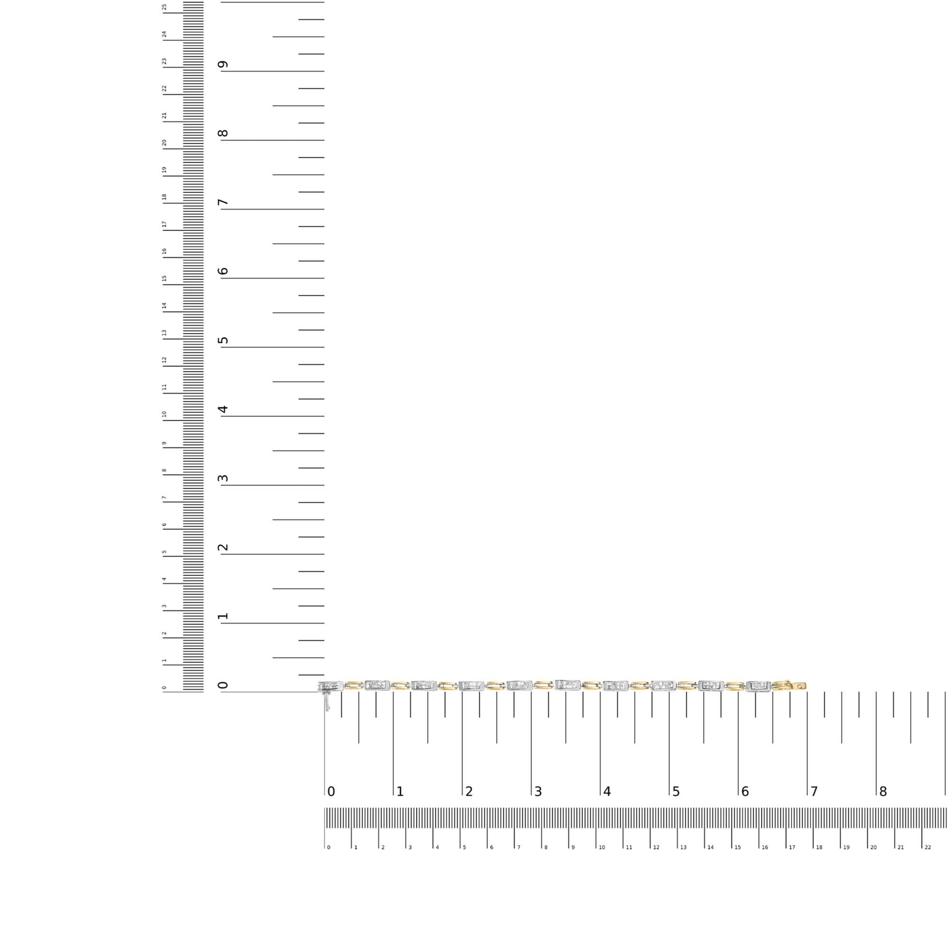 Two-toned bracelet with white princess shape gemstones in invisible setting, displayed flat on ruler and scale for size reference, top-down angle.