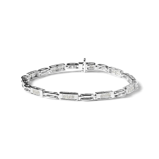 White metal bracelet with rectangular links set with white square gemstones in an invisible setting, shown from a side angle on a white background.