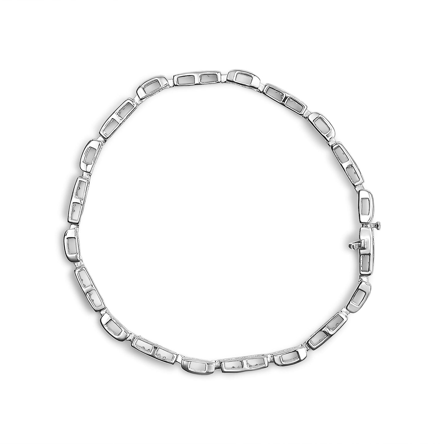 Top-down view of a white metal bracelet with rectangular links set with white princess-shaped gemstones in an invisible setting.