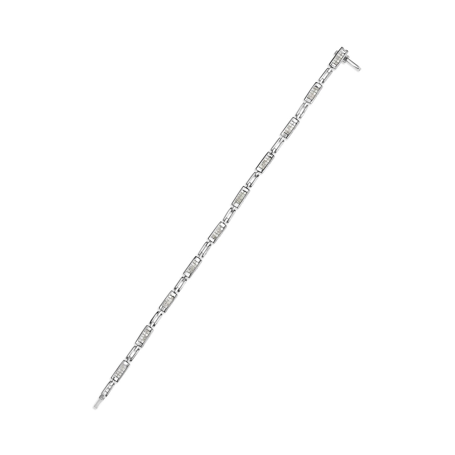 White metal bracelet with rectangular links, each containing multiple princess-shaped white gemstones in an invisible setting, shown at a slight diagonal angle.