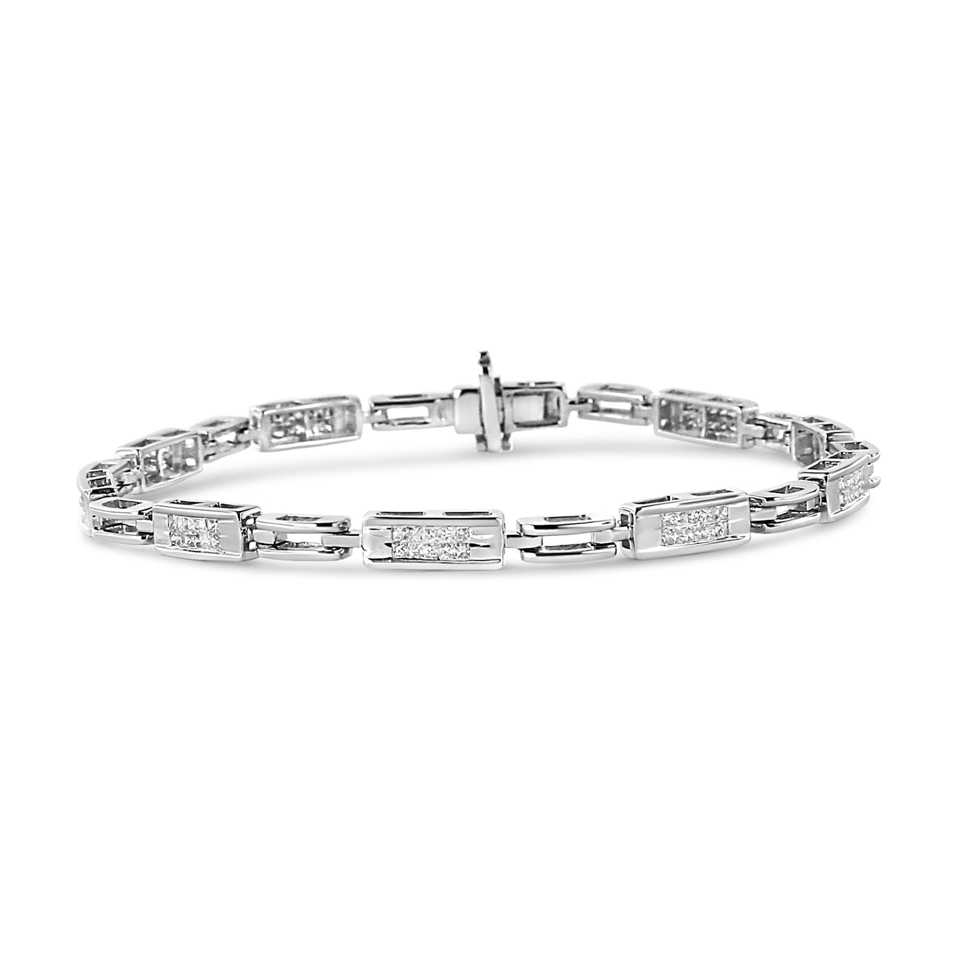 White-colored bracelet with rectangular links featuring small white gemstones in an invisible setting, shown from a front angle on a white background.