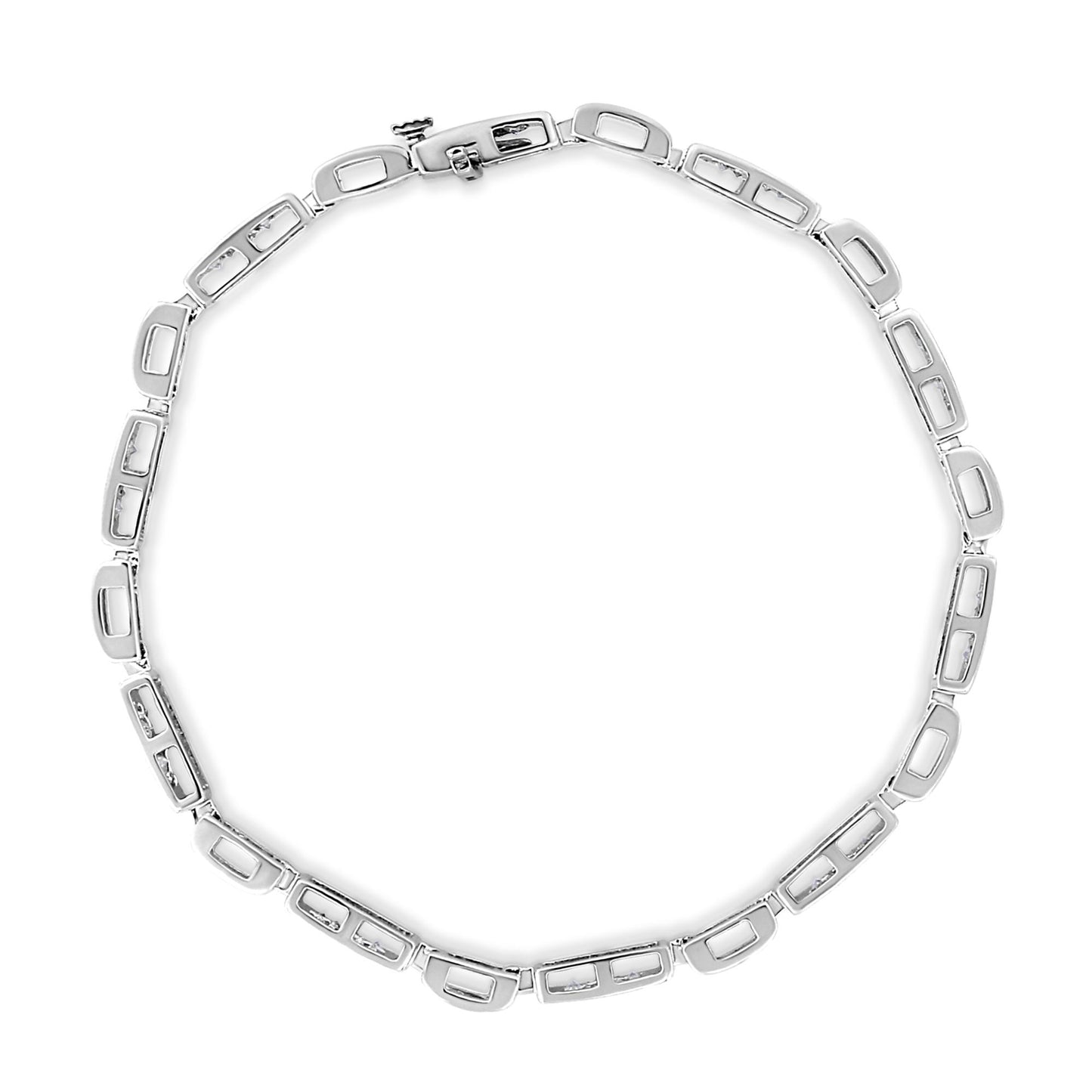 Top-down view of a white metal bracelet with open rectangular links, each set with white princess-shaped gemstones in an invisible setting, laid flat on a white background.