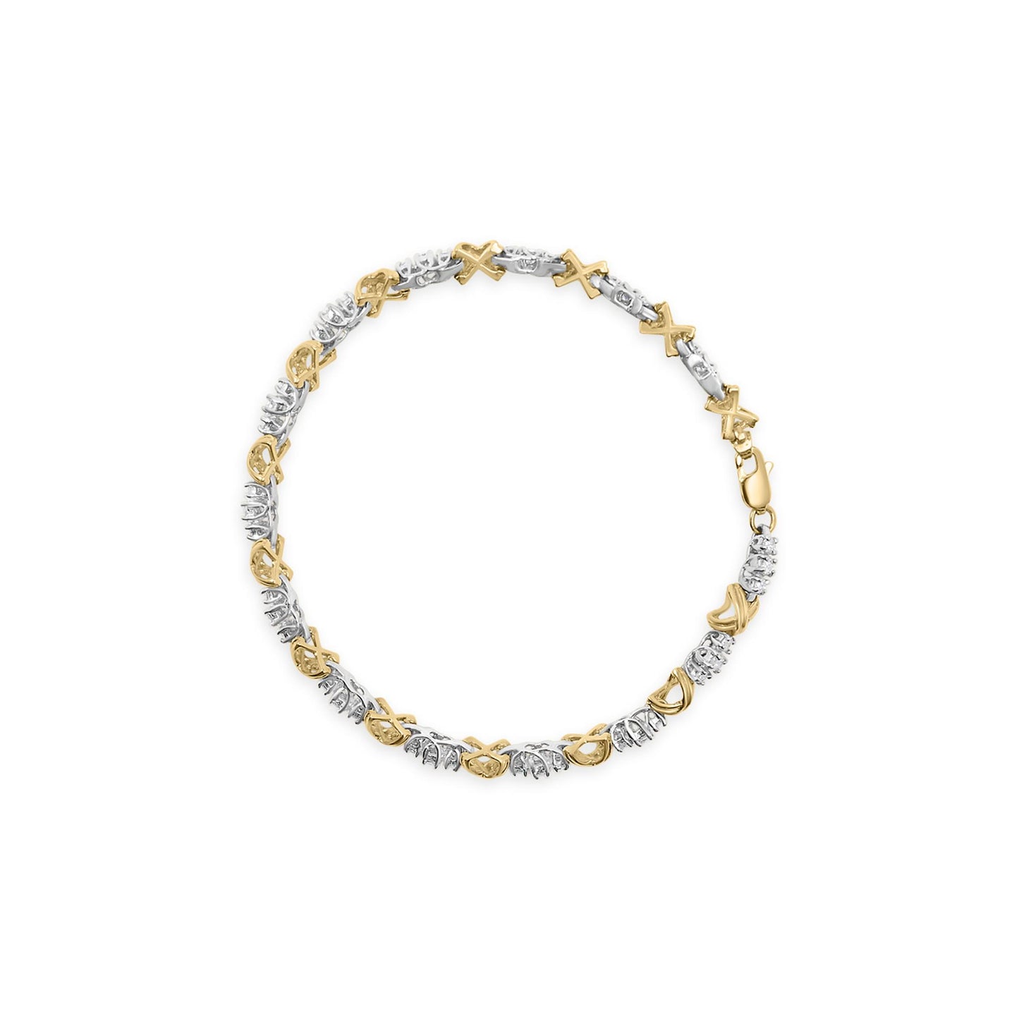 Top-down view of a round bracelet featuring alternating yellow and white metal links, with round white gemstones set in prongs.