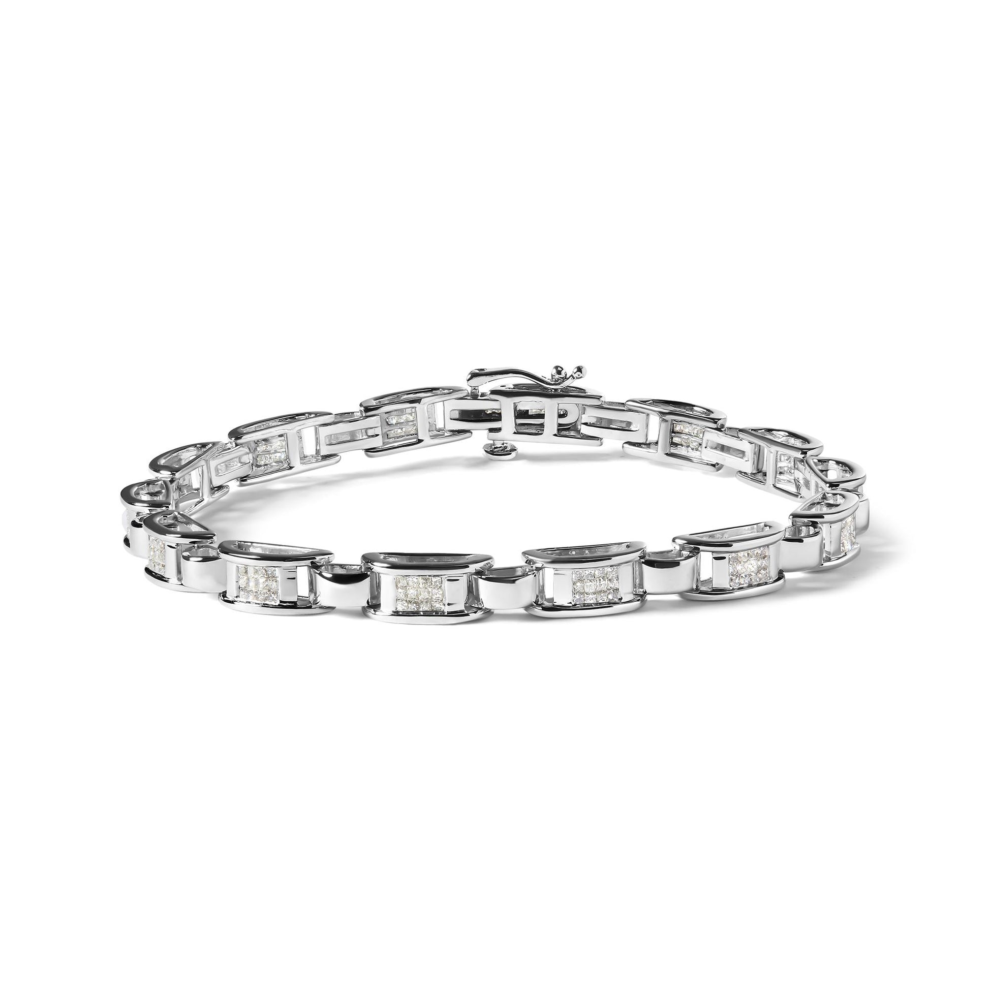 White metal bracelet with princess-shaped white gemstones in a channel setting, shown in a front-facing angle on a white background.