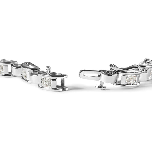 Close-up side angle of a white metal bracelet with princess-shaped white gemstones in a channel setting, showing the clasp open.