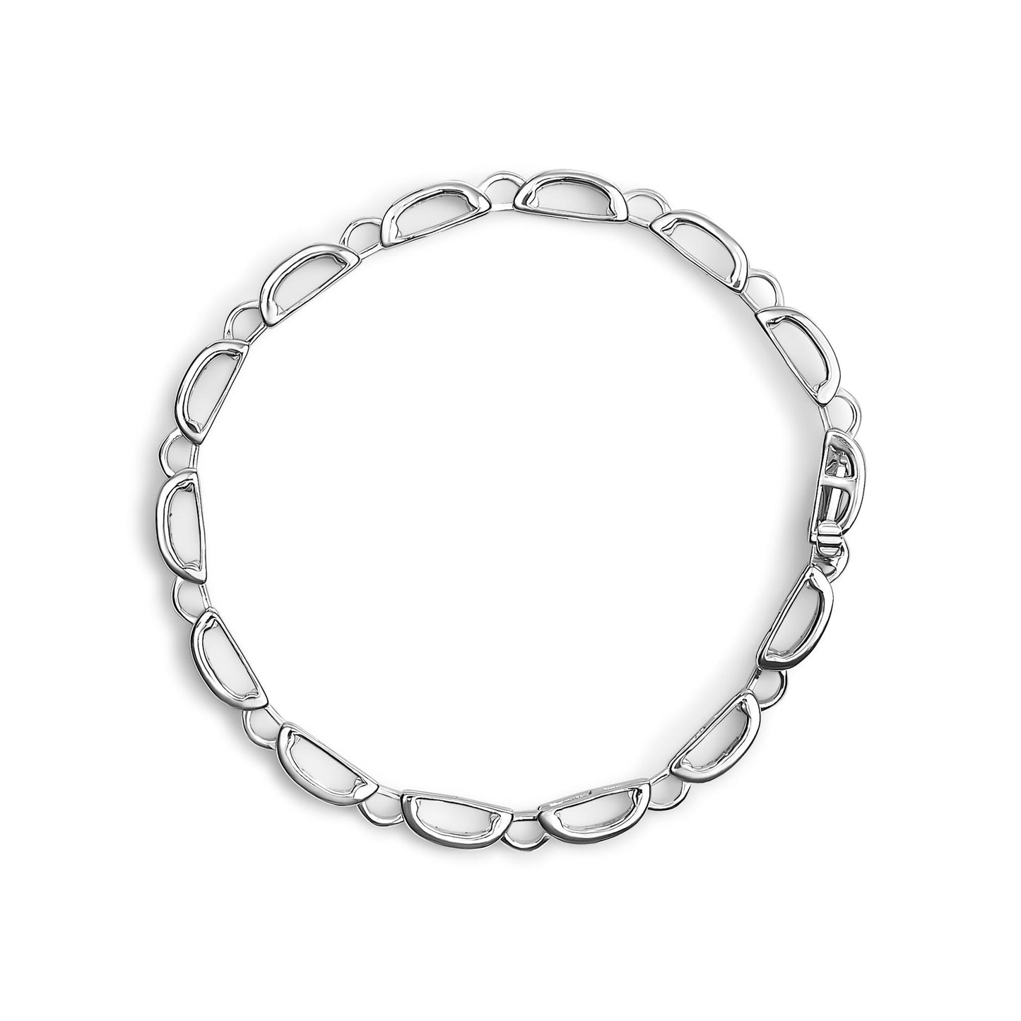 Top-down view of a white metal bracelet with alternating geometric links, some set with channel-set princess shaped white gemstones.