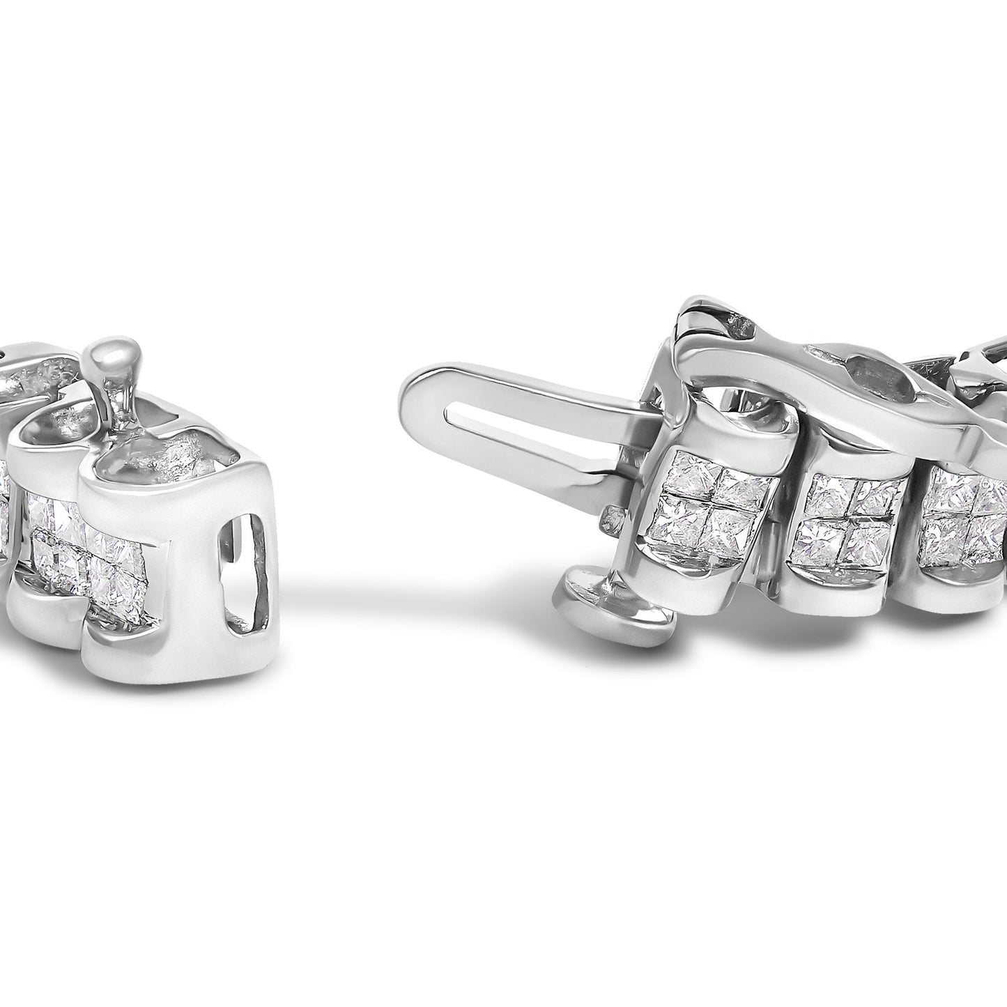 Close-up front angle of a white metal bracelet clasp featuring multiple princess-shaped white gemstones in an invisible setting.