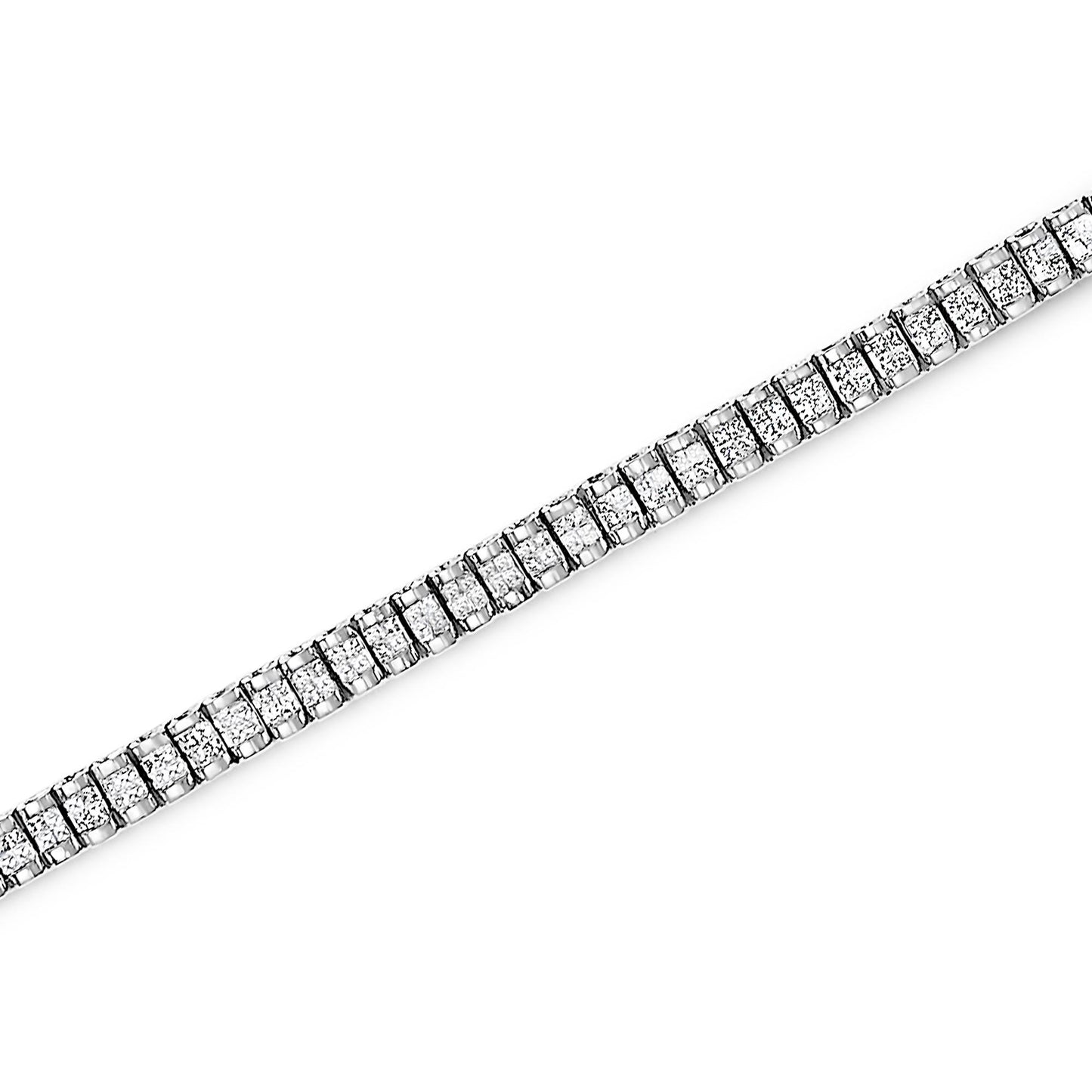 Diagonal close-up of a white bracelet with square white gemstones in invisible setting.