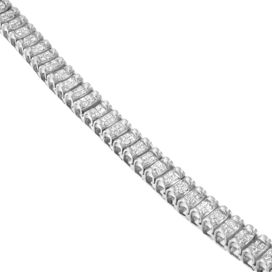 Close-up diagonal view of a white metal bracelet featuring princess-shaped white gemstones in an invisible setting.
