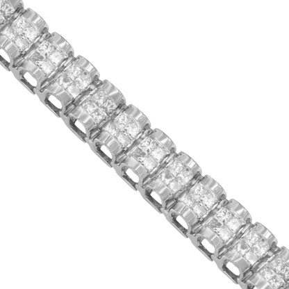 Close-up angled view of a white metal bracelet with princess-shaped white gemstones set in an invisible setting along the band.