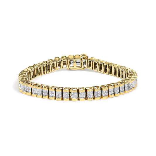 Yellow bracelet with rows of white princess-shaped gemstones in invisible setting, shown flat on a white background from an angled top view.
