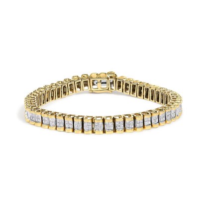 Yellow bracelet with rows of white princess-shaped gemstones in invisible setting, shown flat on a white background from an angled top view.