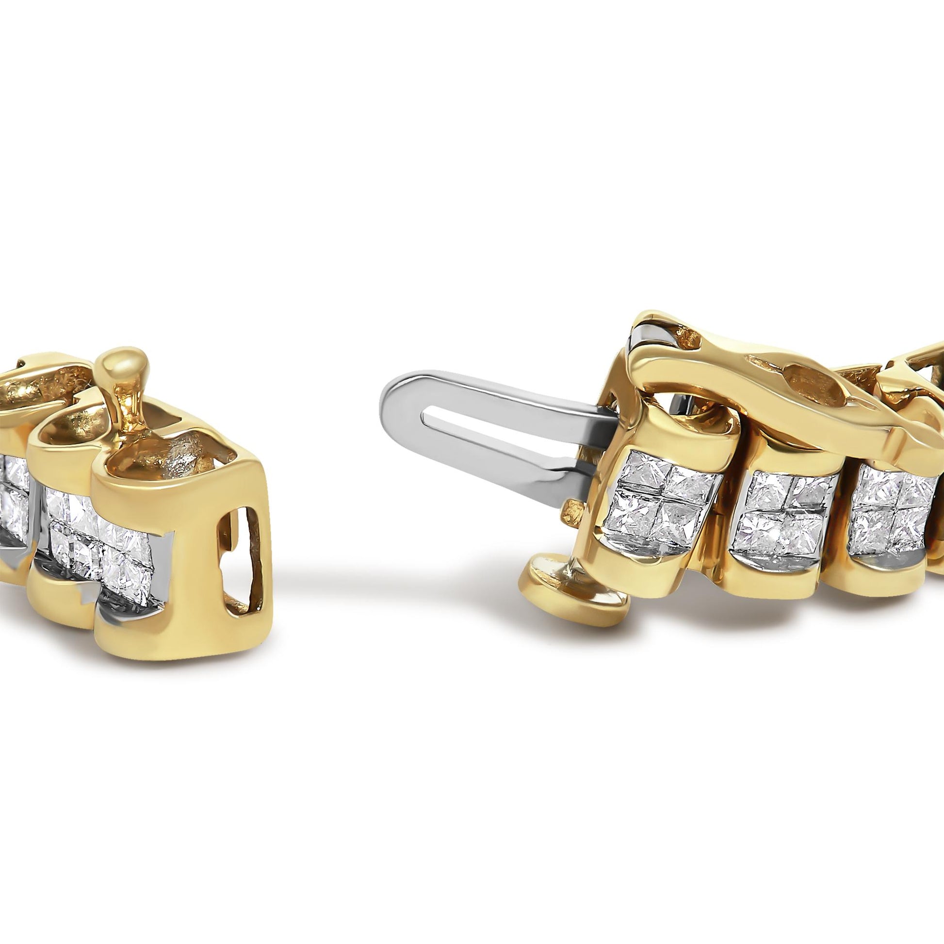 Close-up front angle of a yellow bracelet clasp featuring multiple square white gemstones set invisibly in a row.