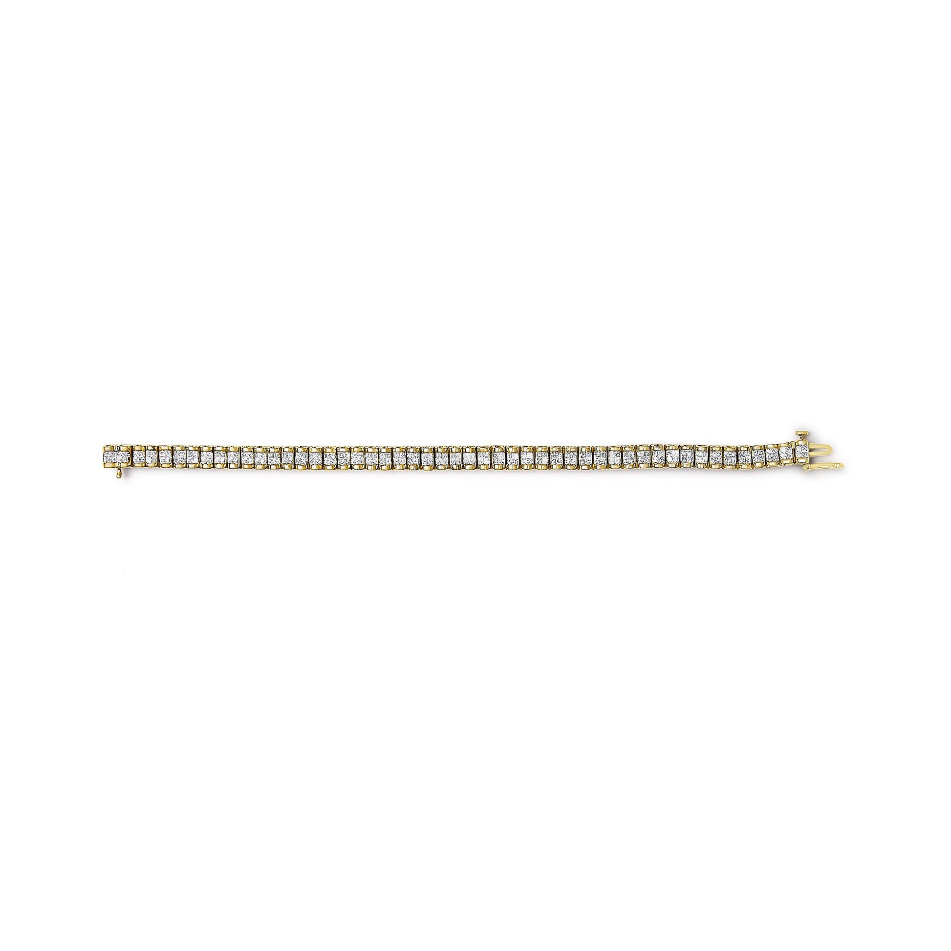 Top-down view of a yellow bracelet set with rows of white square-shaped gemstones in an invisible setting, shown laid flat on a white background.