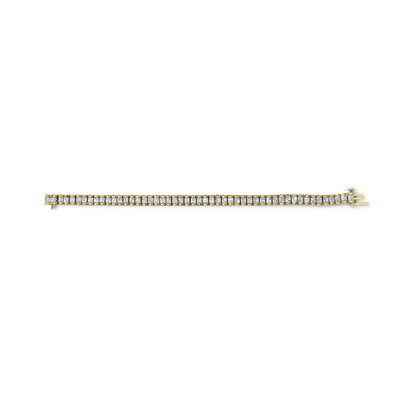 Top-down view of a yellow bracelet set with rows of white square-shaped gemstones in an invisible setting, shown laid flat on a white background.
