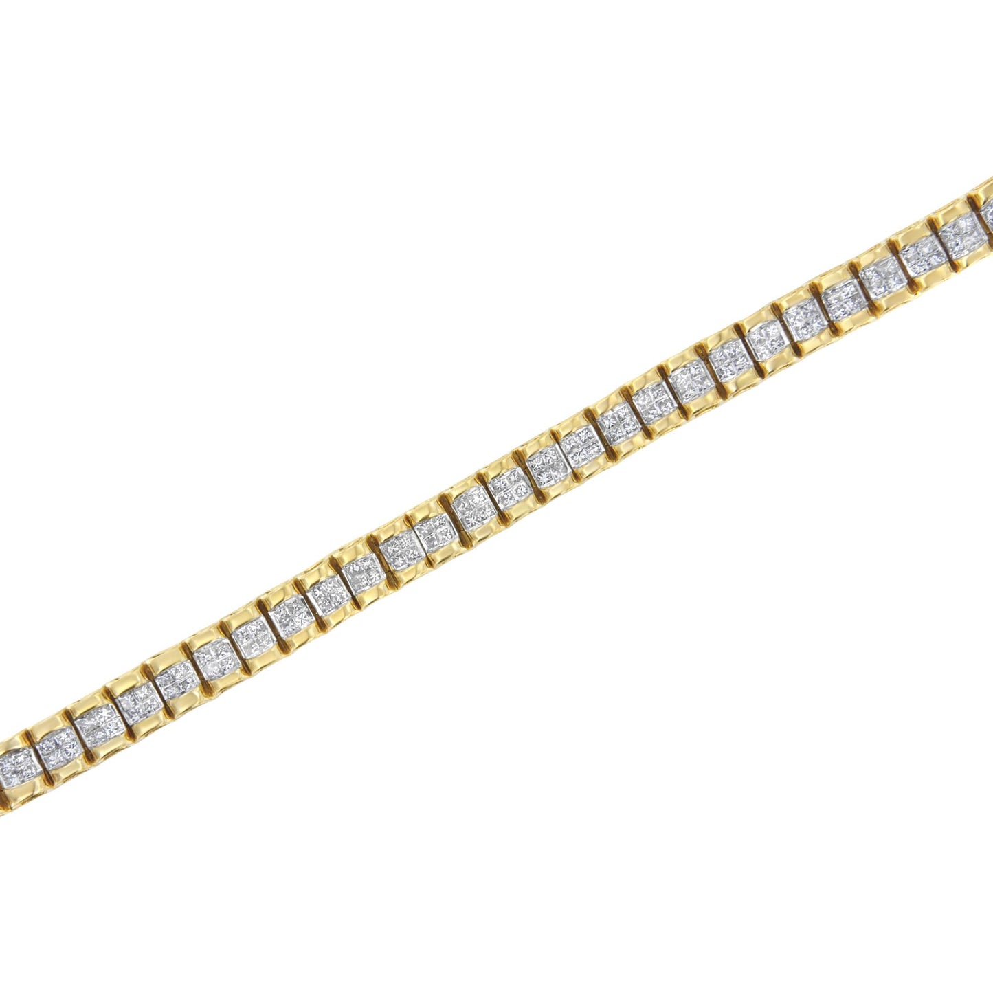 Close-up diagonal shot of a yellow bracelet featuring a row of square white gemstones set in an invisible setting.