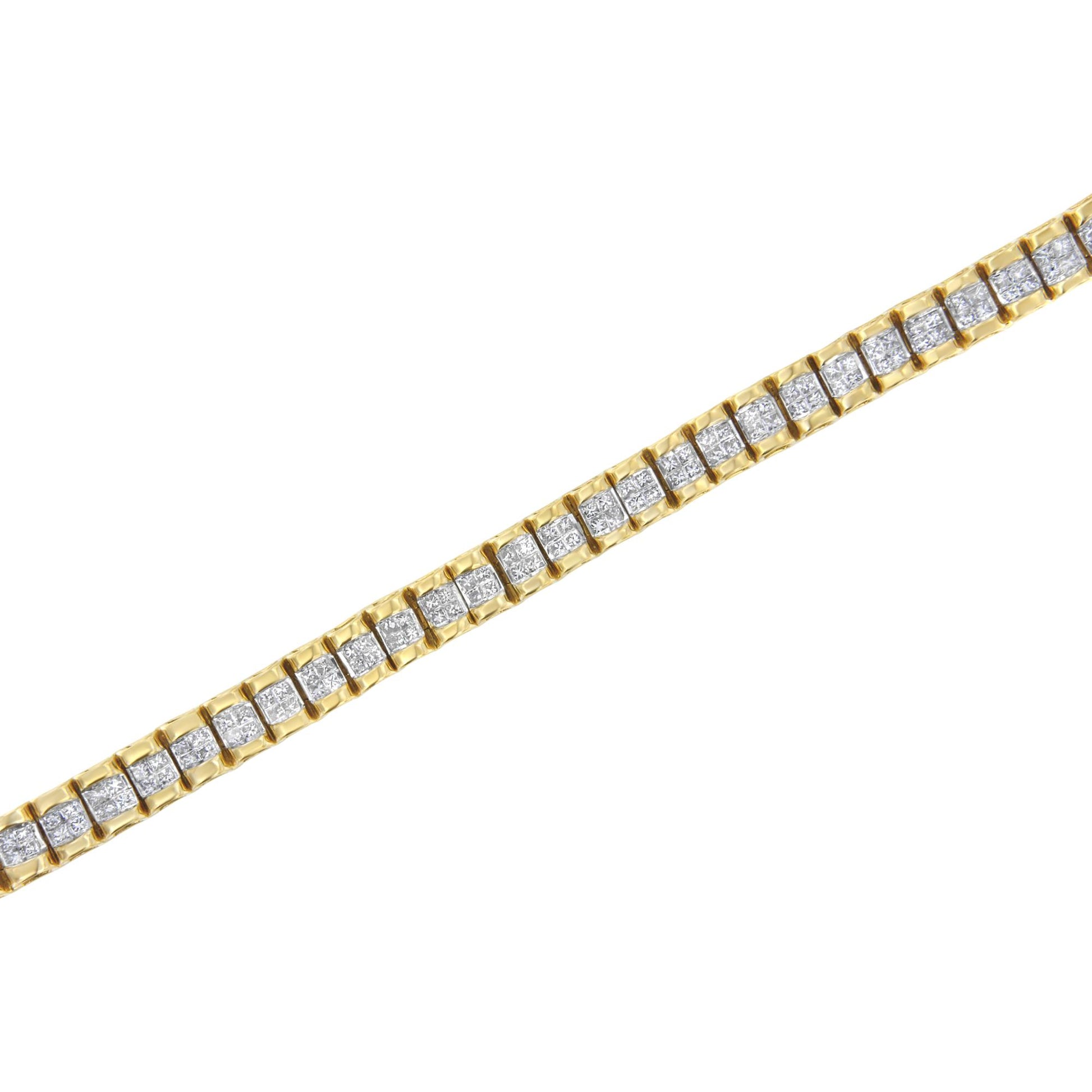 Close-up diagonal shot of a yellow bracelet featuring a row of square white gemstones set in an invisible setting.