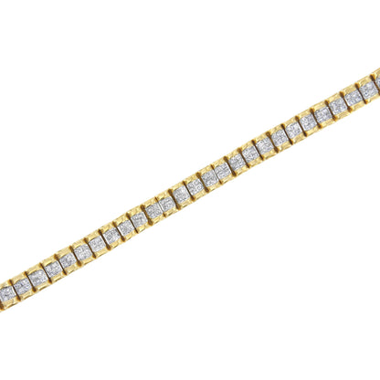 Close-up diagonal shot of a yellow bracelet featuring a row of square white gemstones set in an invisible setting.