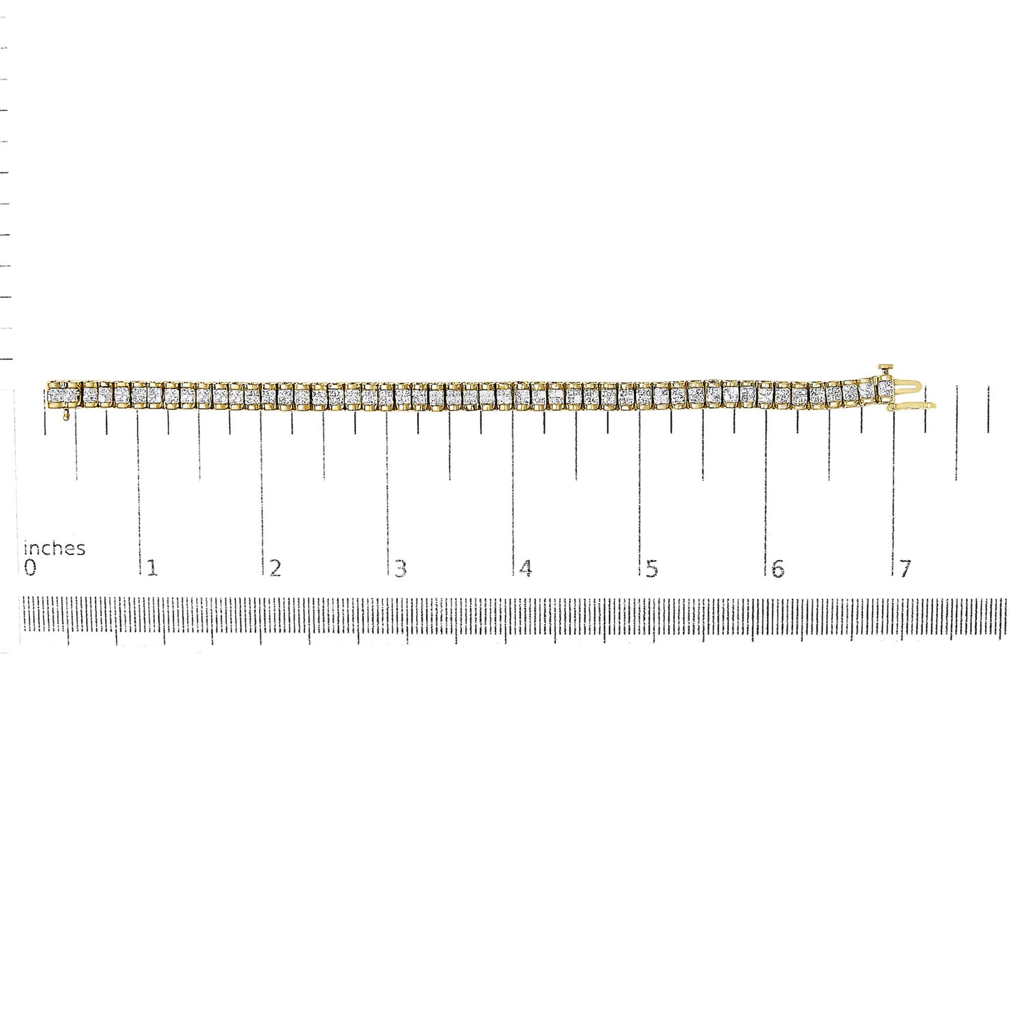 Yellow metal bracelet with rows of white princess-shaped gemstones in invisible setting, shown flat on a scale, top-down view.