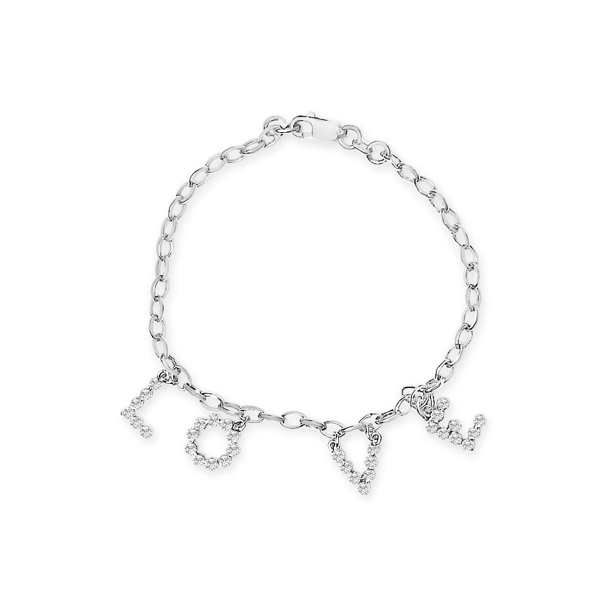 White metal bracelet with chain links and four charms spelling 'LOVE' made of round white gemstones, shown from a top-down angle on a white background.