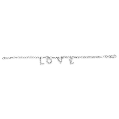 White metal bracelet with chain links and hanging charms spelling 'LOVE' adorned with white round gemstones, shown flat from above.