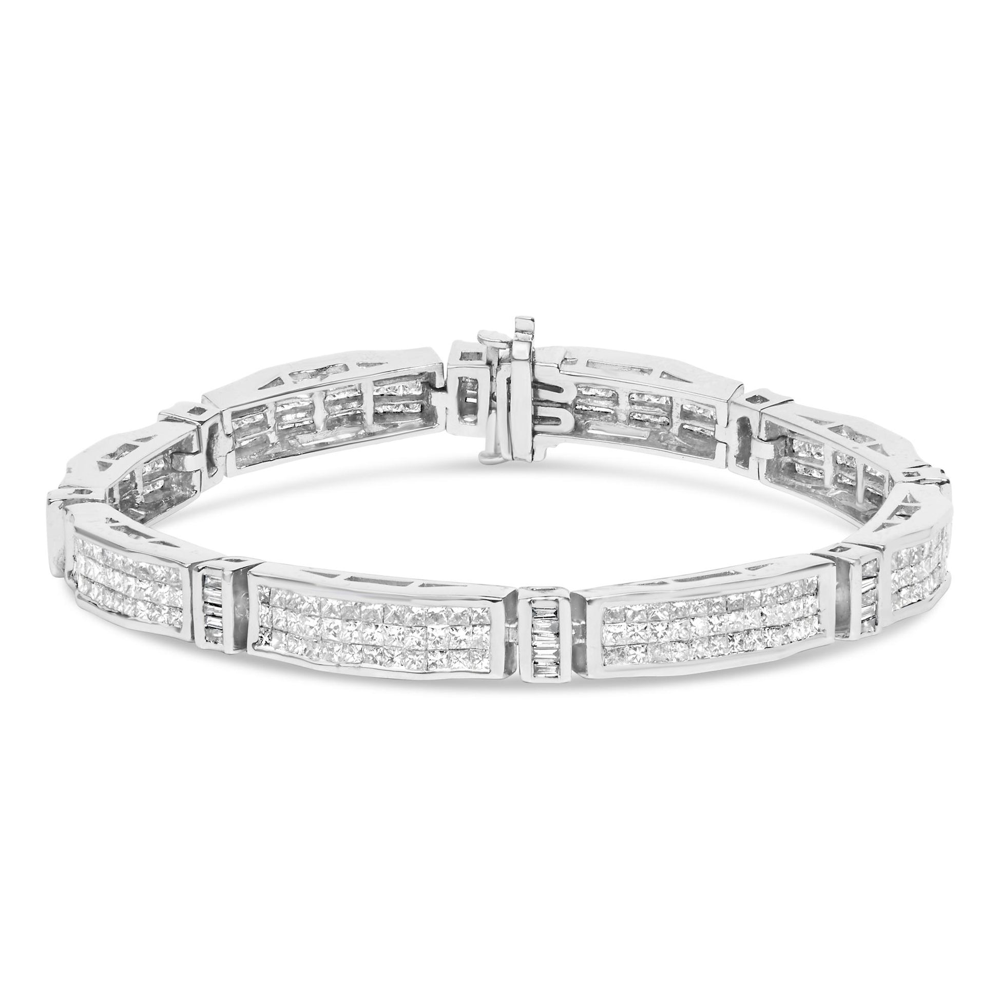 White metal bracelet with rectangular links featuring rows of white princess-shaped gemstones in an invisible setting and sections with white baguette-shaped gemstones in a channel setting, shown from a front angle.