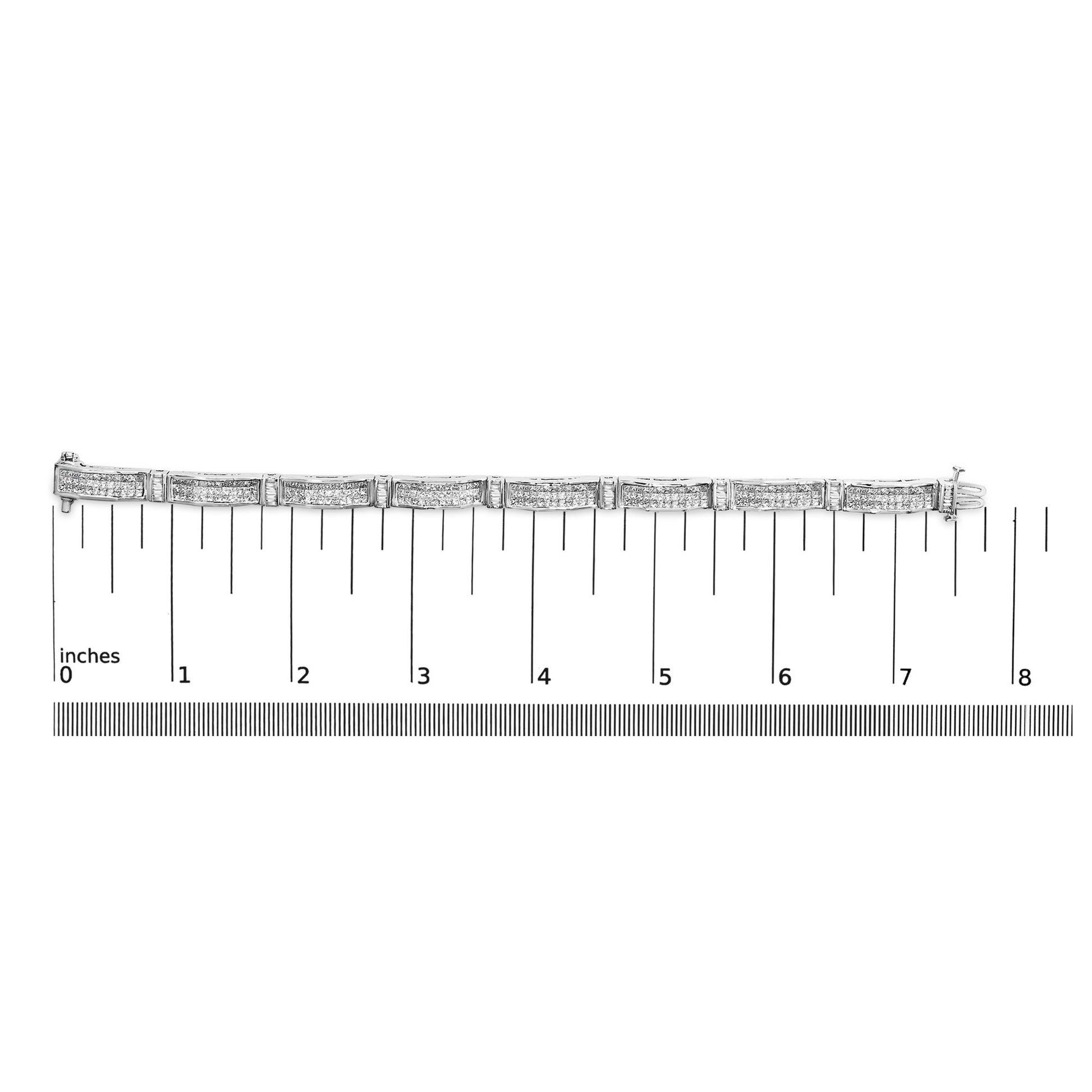 White metal bracelet with alternating sections of baguette-shaped white gemstones in channel settings and princess-shaped white gemstones in invisible settings, shown on a scale from a top-down angle.