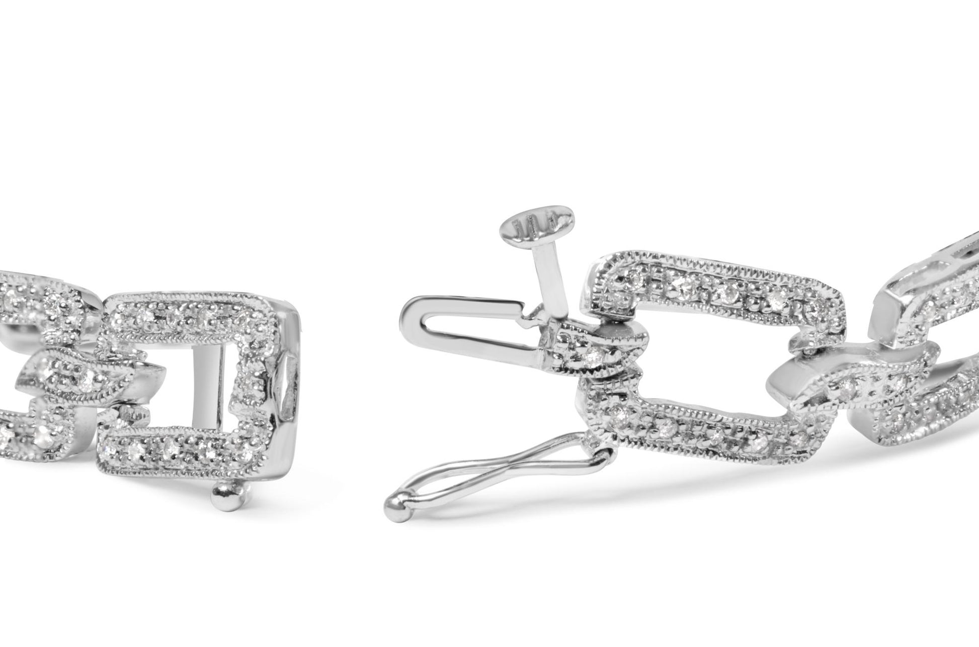 Close-up side view of a white metal bracelet with rectangular links adorned with small round white gemstones in pave setting, featuring an open clasp.