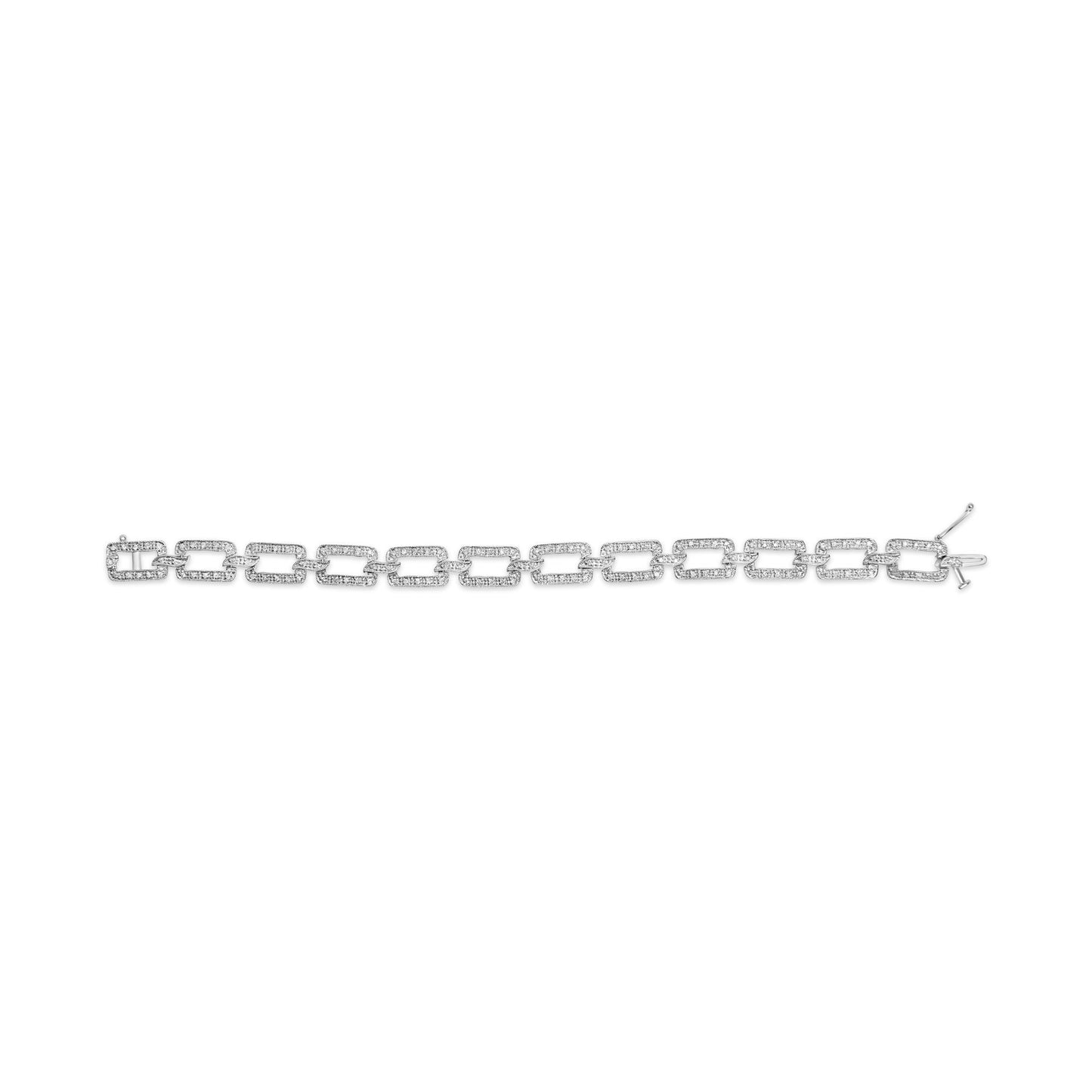 Top-down view of a white metal bracelet with rectangular chain links paved with round white gemstones, laid flat on a white background.