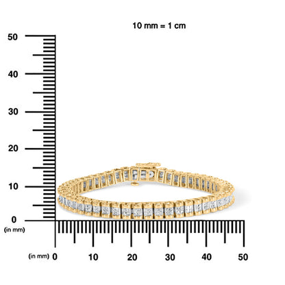 Yellow metal bracelet with channel-set princess shape white gemstones, displayed on a ruler for size reference, shot from the front angle.