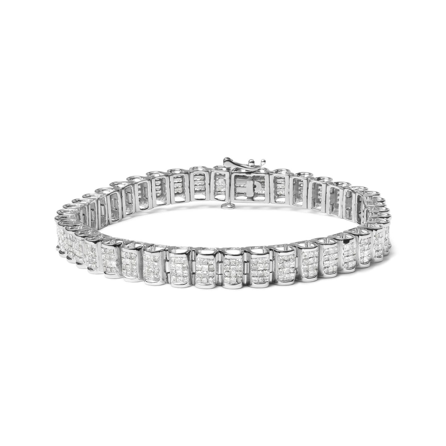 White metal bracelet with rectangular panels featuring multiple rows of small white gemstones in an invisible setting, shown from a front angled view on a white background.