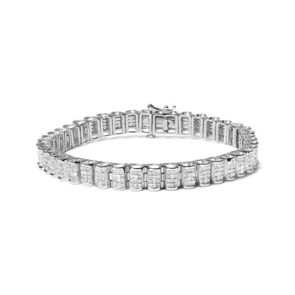White metal bracelet with rectangular panels featuring multiple rows of small white gemstones in an invisible setting, shown from a front angled view on a white background.