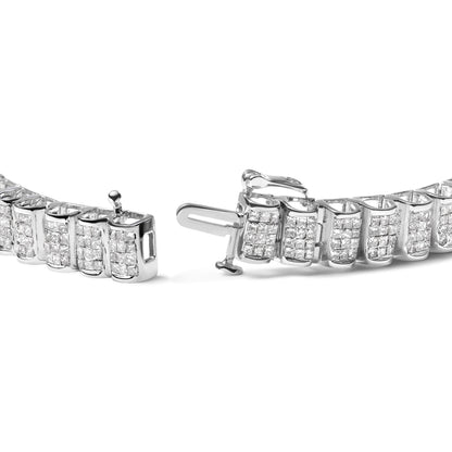 Close-up angled view of a white metal bracelet with multiple sections set with square-cut white gemstones in an invisible setting, showing the clasp open.