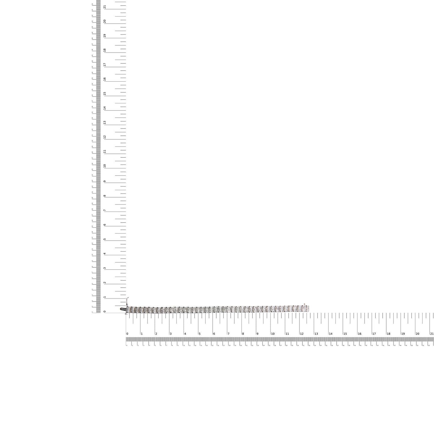 White metal bracelet with princess shape white gemstones in an invisible setting, laid flat on a ruler for size reference, top-down angle.