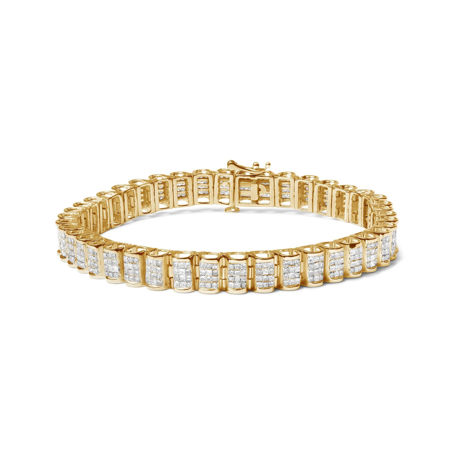 Yellow metal bracelet with rows of white princess-shaped gemstones in an invisible setting, shown at a front angle on a white background.