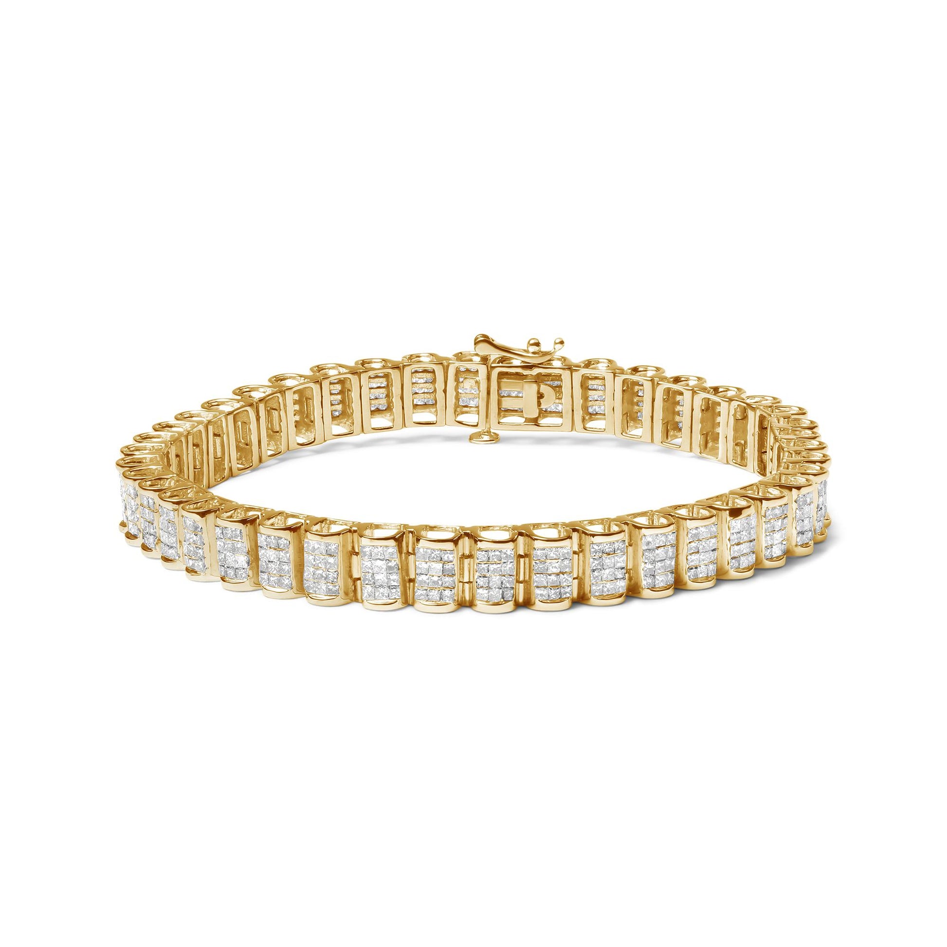 Yellow metal bracelet with rows of white princess-shaped gemstones in an invisible setting, shown at a front angle on a white background.