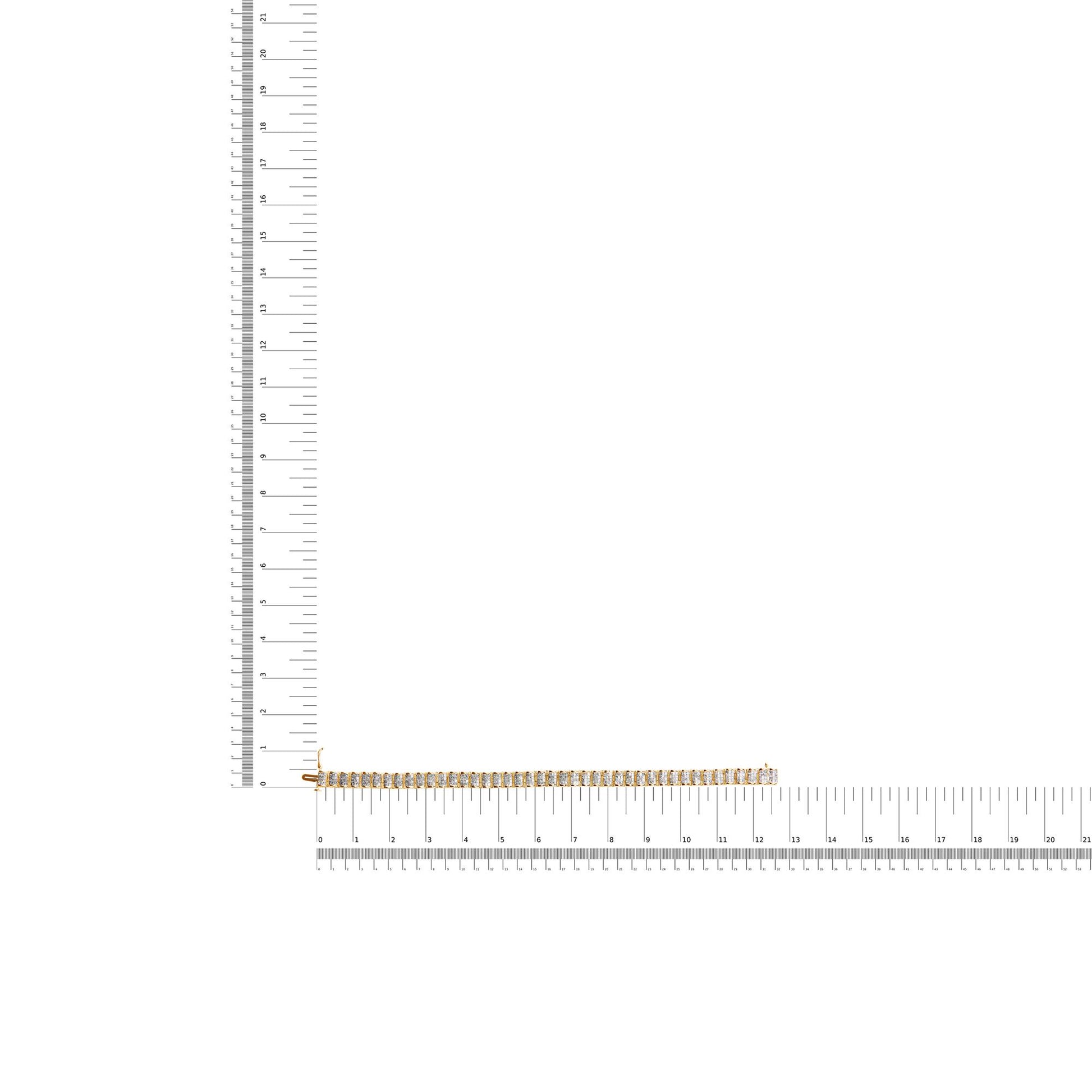 Yellow bracelet with a row of square white gemstones in invisible setting, placed on rulers for size reference, shot from above.