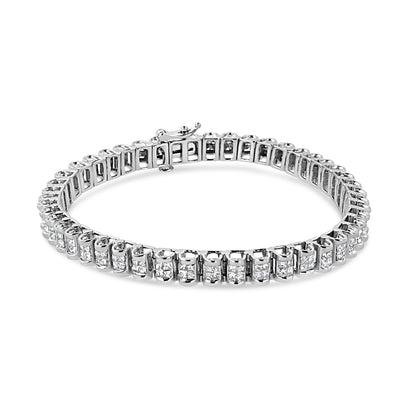White metal bracelet with princess-shaped white gemstones in a channel setting, shown from an angled top view.