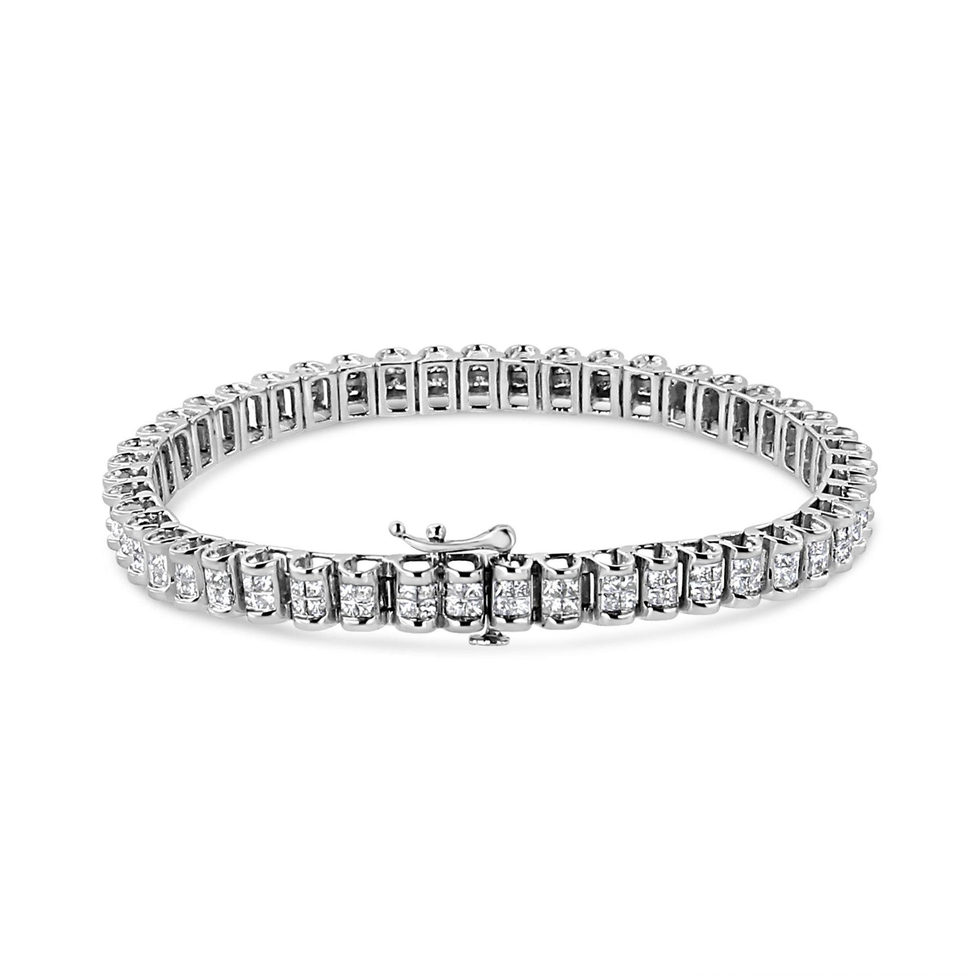 White metal bracelet with channel-set square white gemstones, shown from a slightly elevated front angle.