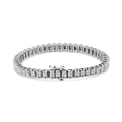 White metal bracelet with channel-set square white gemstones, shown from a slightly elevated front angle.