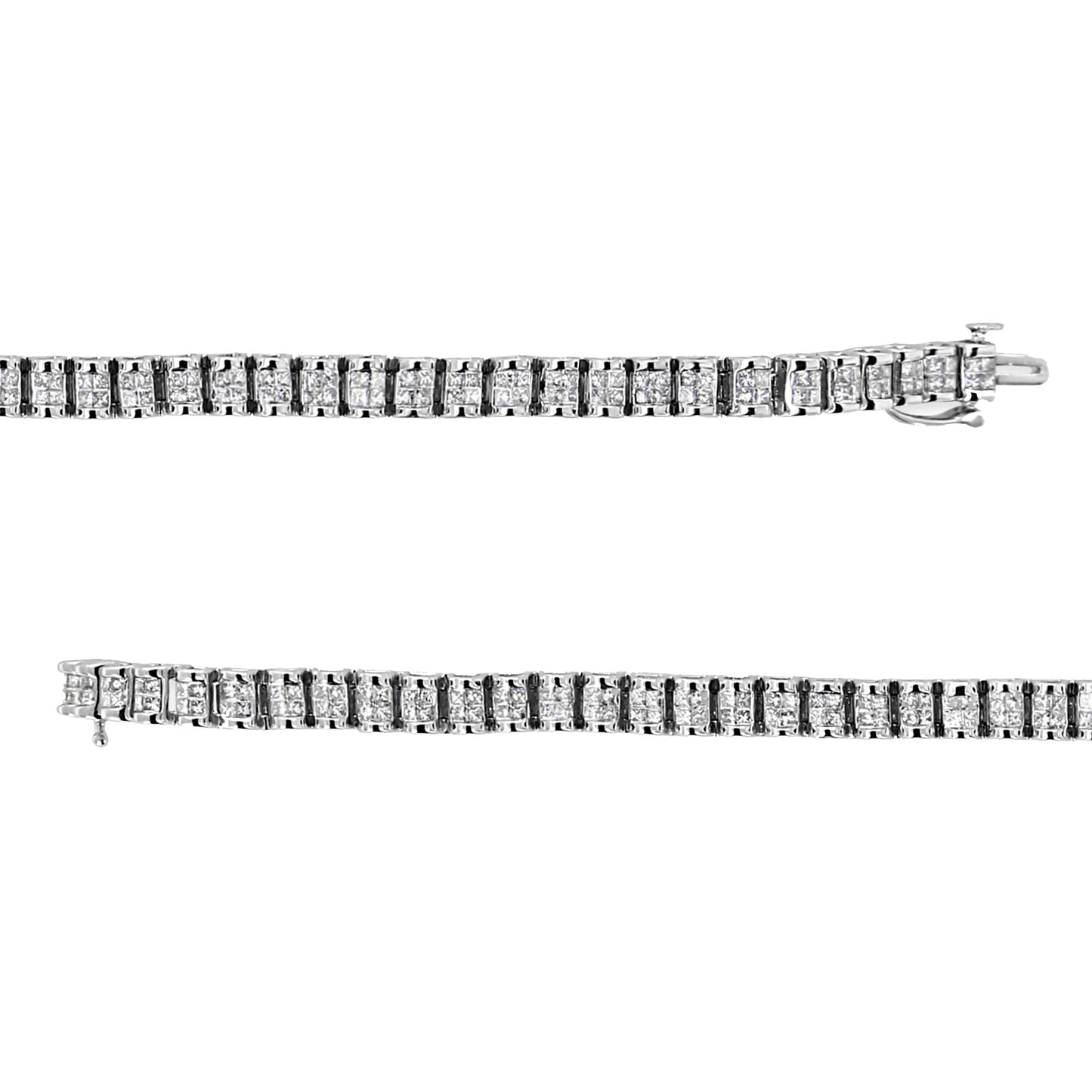 Top-down view of a white metal bracelet with channel-set princess shaped white gemstones in a continuous row.