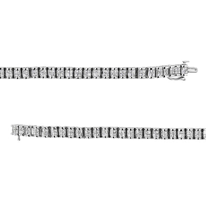 Top-down view of a white metal bracelet with channel-set princess shaped white gemstones in a continuous row.