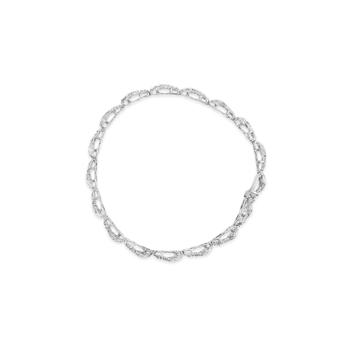 Top-down view of a white metal bracelet with linked oval shapes adorned with small round white gemstones in a prong setting.