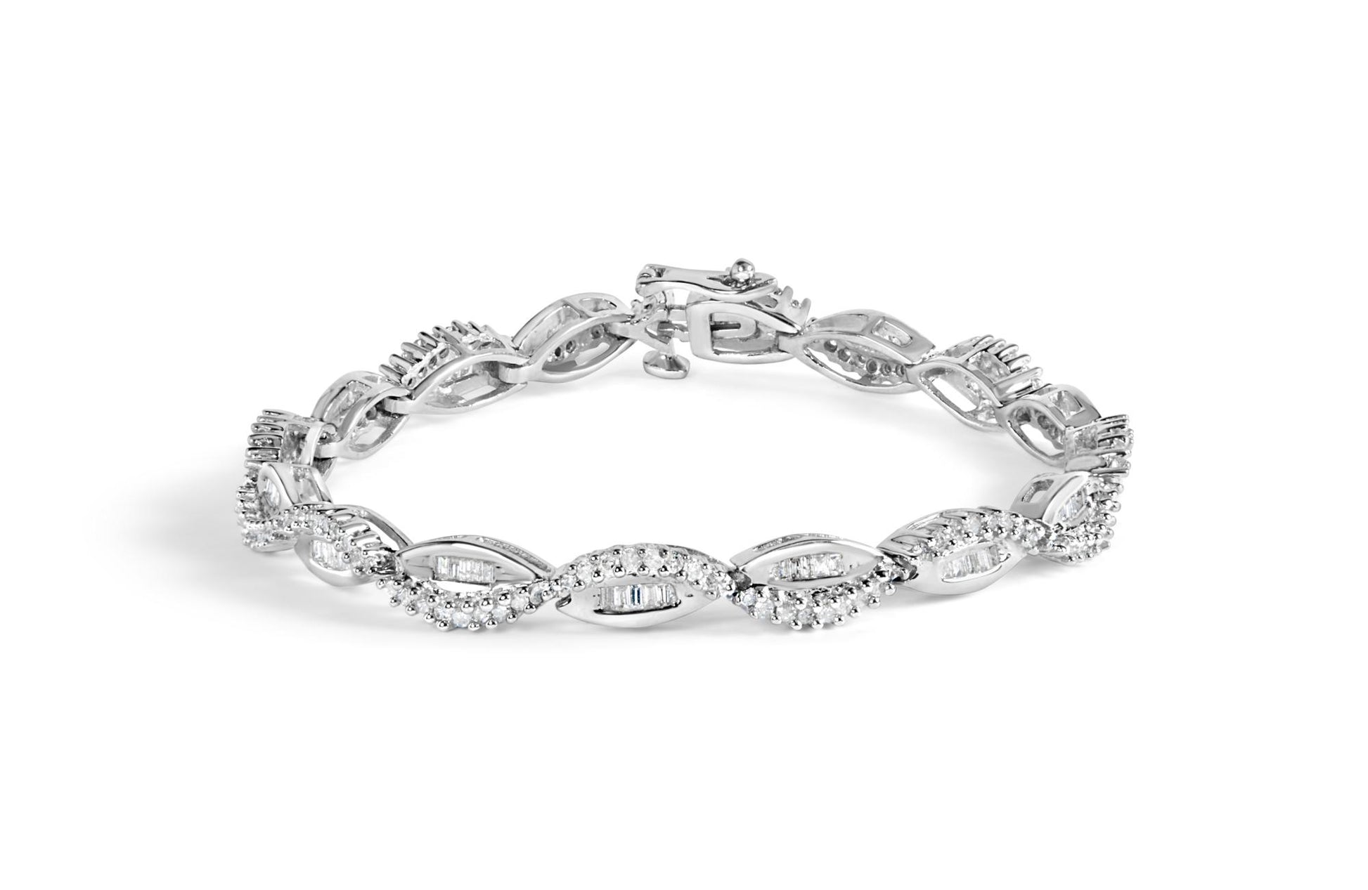 White metal bracelet with alternating twisted oval links featuring round prong-set white gemstones and baguette channel-set white gemstones, shown from a front angle on a white background.