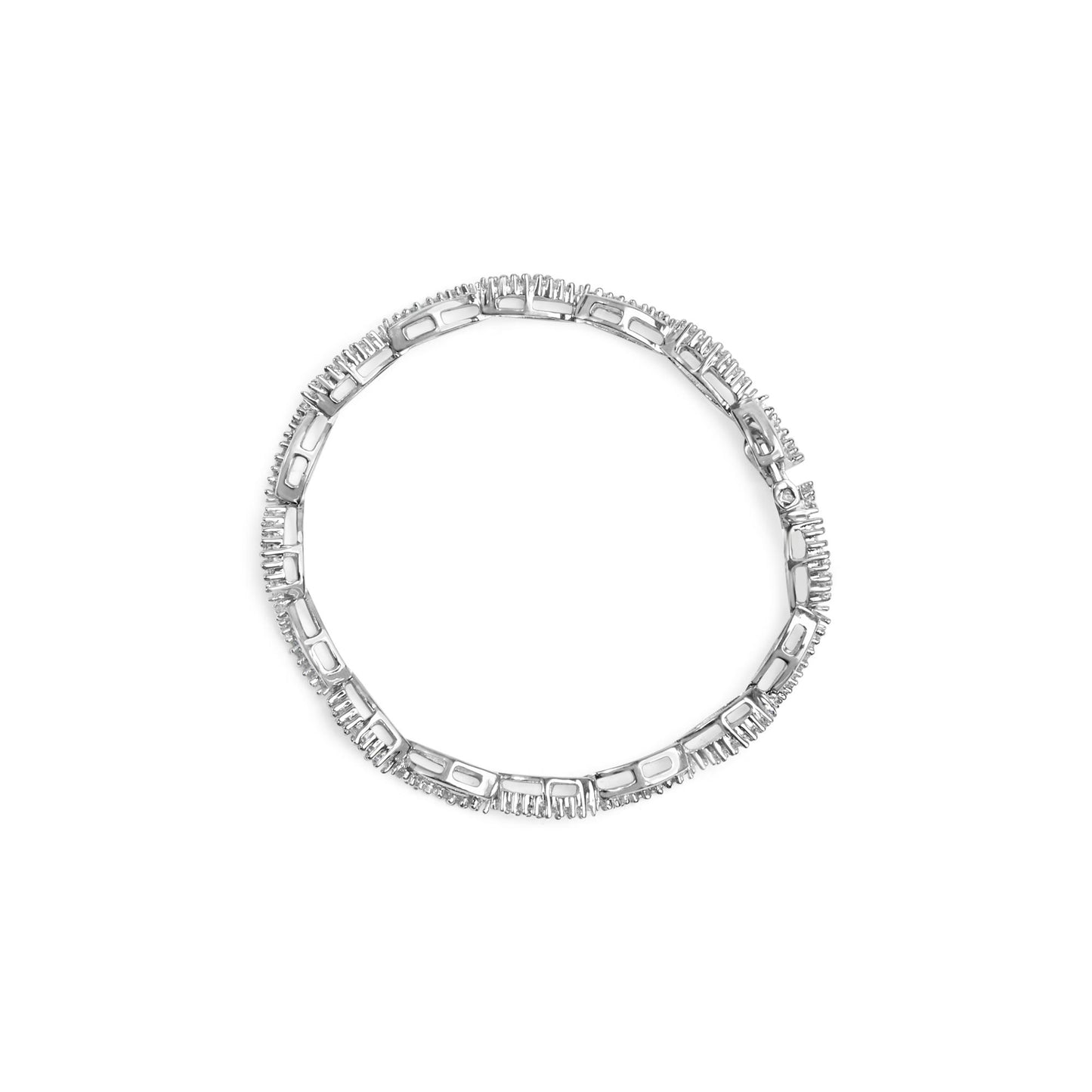 Top-down view of a white metal bracelet featuring round prong-set white gemstones alternating with baguette channel-set white gemstones.